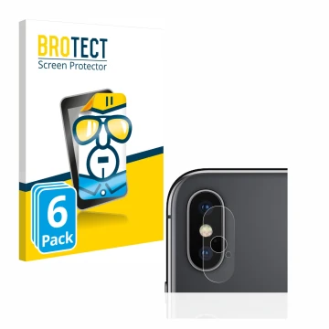 Front side of a product packaging with the brand logo BROTECT. Next to it is the device Apple iPhone Xs (ONLY Camera Lens) sho