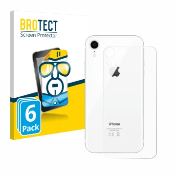 Front side of a product packaging with the brand logo BROTECT. Next to it is the device Apple iPhone XR (Back) shown with the 