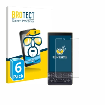 Front side of a product packaging with the brand logo BROTECT. Next to it is the device BlackBerry Key2 LE shown with the corr