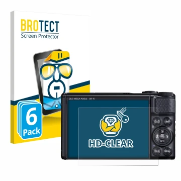 Front side of a product packaging with the brand logo BROTECT. Next to it is the device Canon PowerShot SX740 HS shown with th