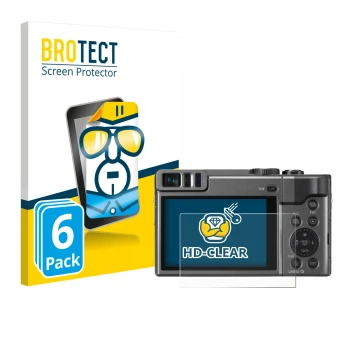 Front side of a product packaging with the brand logo BROTECT. Next to it is the device Panasonic Lumix DC-TZ90 shown with the