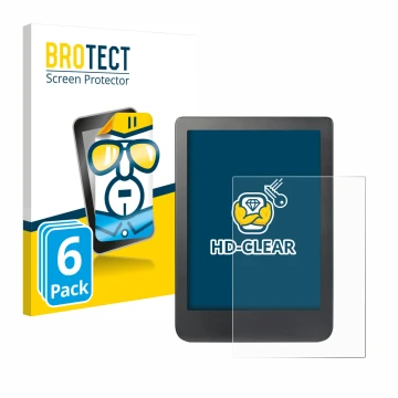 Front side of a product packaging with the brand logo BROTECT. Next to it is the device Kobo Clara HD (6