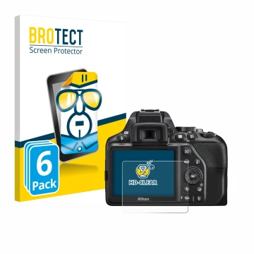 Front side of a product packaging with the brand logo BROTECT. Next to it is the device Nikon D3500 shown with the correspondi