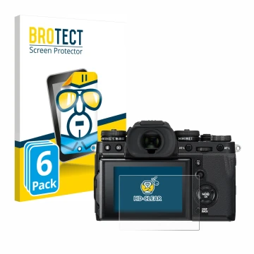 Front side of a product packaging with the brand logo BROTECT. Next to it is the device Fujifilm X-T3 shown with the correspon