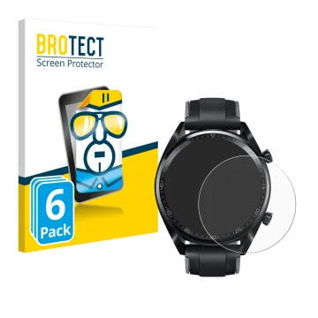 Front side of a product packaging with the brand logo BROTECT. Next to it is the device Huawei Watch GT (46 mm) 2018 shown wit