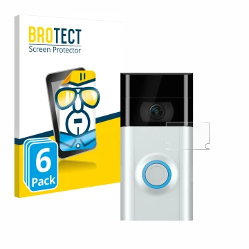 Front side of a product packaging with the brand logo BROTECT. Next to it is the device Ring Doorbell 2 (Lens) shown with the 