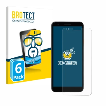 Front side of a product packaging with the brand logo BROTECT. Next to it is the device Google Pixel 3a shown with the corresp