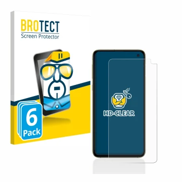 Front side of a product packaging with the brand logo BROTECT. Next to it is the device Samsung Galaxy S10e shown with the cor