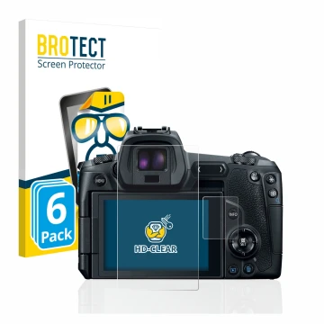 Front side of a product packaging with the brand logo BROTECT. Next to it is the device Canon EOS R shown with the correspondi