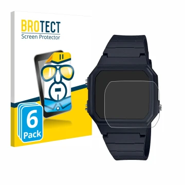 Front side of a product packaging with the brand logo BROTECT. Next to it is the device Casio Unisex F-91W shown with the corr