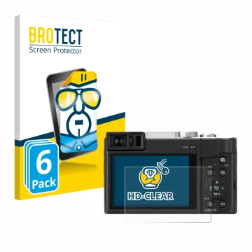 Front side of a product packaging with the brand logo BROTECT. Next to it is the device Panasonic Lumix DC-TZ96 shown with the