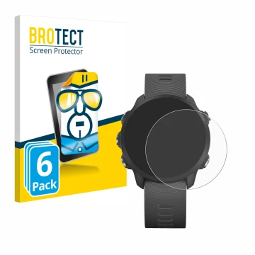 Front side of a product packaging with the brand logo BROTECT. Next to it is the device Garmin Forerunner 245 Music shown with