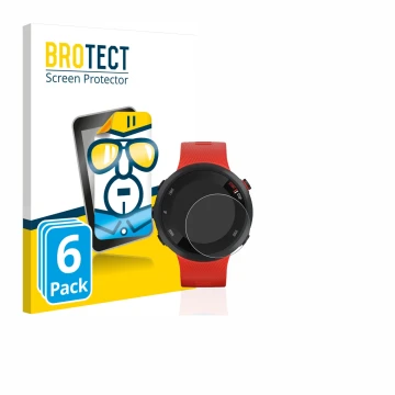 Front side of a product packaging with the brand logo BROTECT. Next to it is the device Garmin Forerunner 45 shown with the co