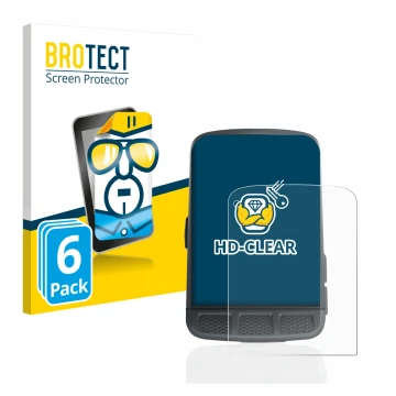 Front side of a product packaging with the brand logo BROTECT. Next to it is the device Wahoo Elemnt Roam shown with the corre