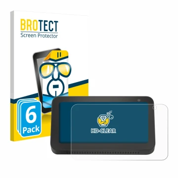 Front side of a product packaging with the brand logo BROTECT. Next to it is the device Amazon Echo Show 5 (2nd Gen.) shown wi