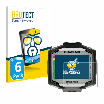 Front side of a product packaging with the brand logo BROTECT. Next to it is the device Mares Quad Air shown with the correspo