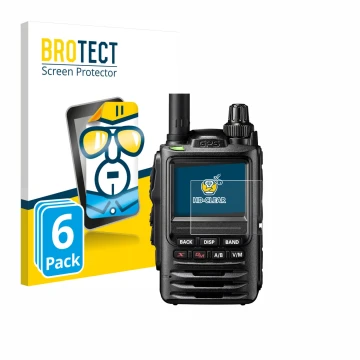 Front side of a product packaging with the brand logo BROTECT. Next to it is the device Yaesu FT-3D shown with the correspondi