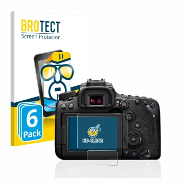 Front side of a product packaging with the brand logo BROTECT. Next to it is the device Canon EOS 90D shown with the correspon