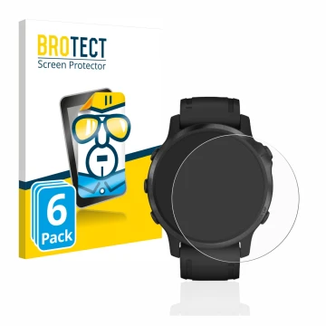 Front side of a product packaging with the brand logo BROTECT. Next to it is the device Garmin Fenix 6S Pro shown with the cor