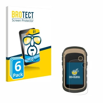 Front side of a product packaging with the brand logo BROTECT. Next to it is the device Garmin eTrex 32x shown with the corres