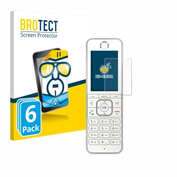 Front side of a product packaging with the brand logo BROTECT. Next to it is the device AVM Fritz!Fon C6 shown with the corres