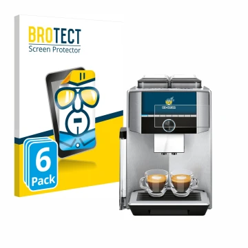 Front side of a product packaging with the brand logo BROTECT. Next to it is the device Siemens EQ.9 plus connect s700 4,3