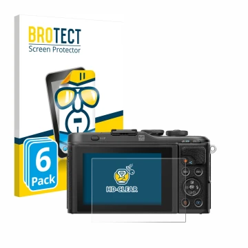 Front side of a product packaging with the brand logo BROTECT. Next to it is the device Olympus PEN E-PL10 shown with the corr