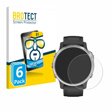 Front side of a product packaging with the brand logo BROTECT. Next to it is the device Garmin Fenix 6S shown with the corresp