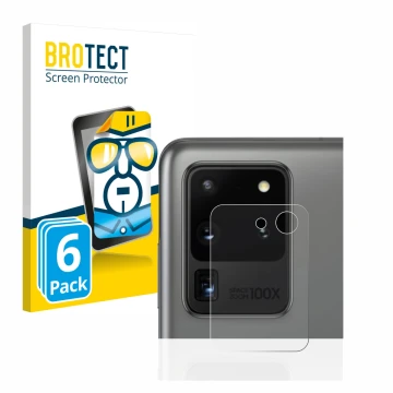 Front side of a product packaging with the brand logo BROTECT. Next to it is the device Samsung Galaxy S20 Ultra (ONLY Camera 