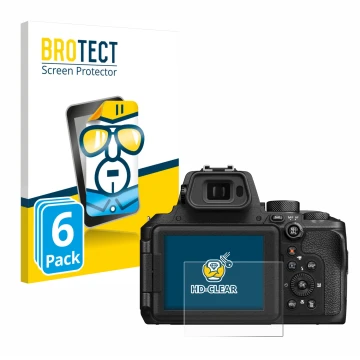 Front side of a product packaging with the brand logo BROTECT. Next to it is the device Nikon Coolpix P950 shown with the corr