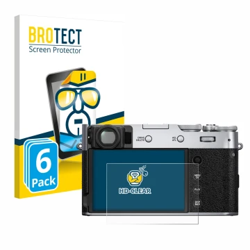 Front side of a product packaging with the brand logo BROTECT. Next to it is the device Fujifilm X100V shown with the correspo