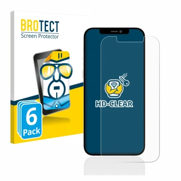 Front side of a product packaging with the brand logo BROTECT. Next to it is the device Apple iPhone 12 Pro Max shown with the