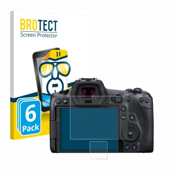 Front side of a product packaging with the brand logo BROTECT. Next to it is the device Canon EOS R5 shown with the correspond