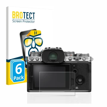 Front side of a product packaging with the brand logo BROTECT. Next to it is the device Fujifilm X-T4 shown with the correspon