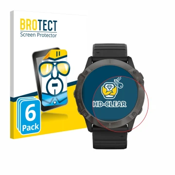 Front side of a product packaging with the brand logo BROTECT. Next to it is the device Garmin Fenix 6X Pro Solar shown with t