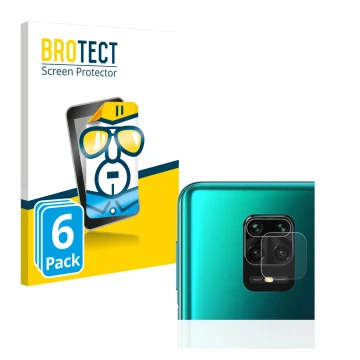 Front side of a product packaging with the brand logo BROTECT. Next to it is the device Xiaomi Redmi Note 9S (ONLY Camera Lens