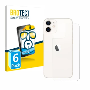 Front side of a product packaging with the brand logo BROTECT. Next to it is the device Apple iPhone 12 mini (Back) shown with