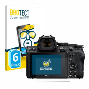 Front side of a product packaging with the brand logo BROTECT. Next to it is the device Nikon Z 5 shown with the corresponding