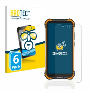 Front side of a product packaging with the brand logo BROTECT. Next to it is the device Doogee S58 Pro shown with the correspo