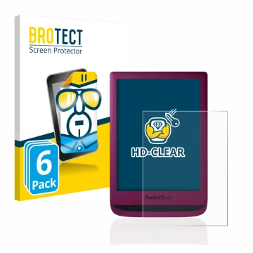 Front side of a product packaging with the brand logo BROTECT. Next to it is the device PocketBook Touch Lux 5 shown with the 