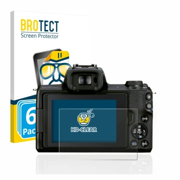 Front side of a product packaging with the brand logo BROTECT. Next to it is the device Canon EOS M50 Mark II shown with the c