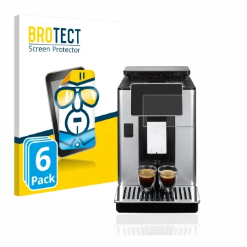 Front side of a product packaging with the brand logo BROTECT. Next to it is the device DeLonghi PrimaDonna Soul ECAM610.75.MB