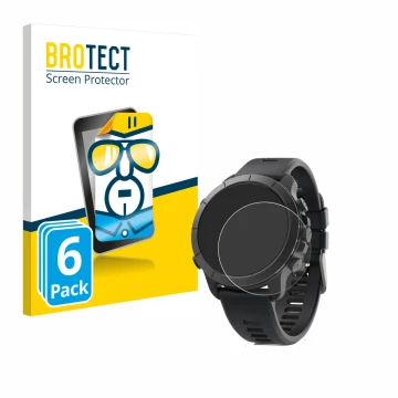 Front side of a product packaging with the brand logo BROTECT. Next to it is the device Wahoo Elemnt Rival shown with the corr