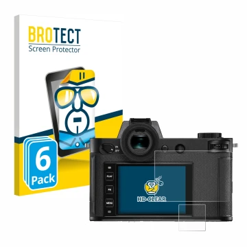 Front side of a product packaging with the brand logo BROTECT. Next to it is the device Leica SL2-S shown with the correspondi