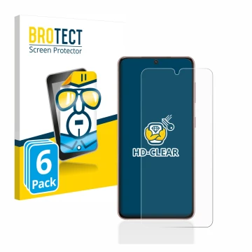Front side of a product packaging with the brand logo BROTECT. Next to it is the device Samsung Galaxy S21 shown with the corr