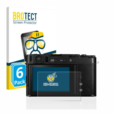 Front side of a product packaging with the brand logo BROTECT. Next to it is the device Fujifilm X-E4 shown with the correspon