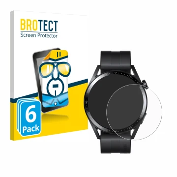Front side of a product packaging with the brand logo BROTECT. Next to it is the device Huawei Watch GT 3 (46 mm) shown with t