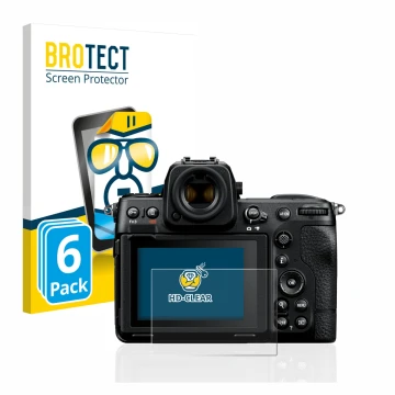 Front side of a product packaging with the brand logo BROTECT. Next to it is the device Nikon Z 8 shown with the corresponding