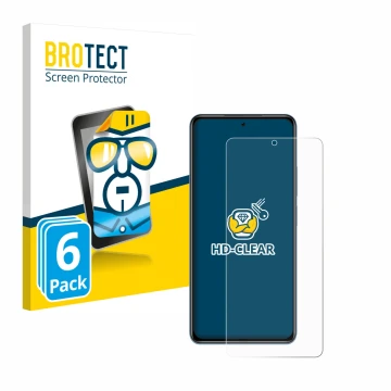 Front side of a product packaging with the brand logo BROTECT. Next to it is the device Xiaomi Poco F3 shown with the correspo