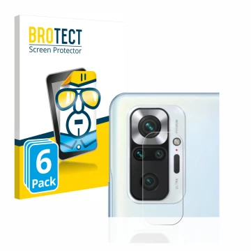 Front side of a product packaging with the brand logo BROTECT. Next to it is the device Xiaomi Redmi Note 10 Pro (ONLY Camera 